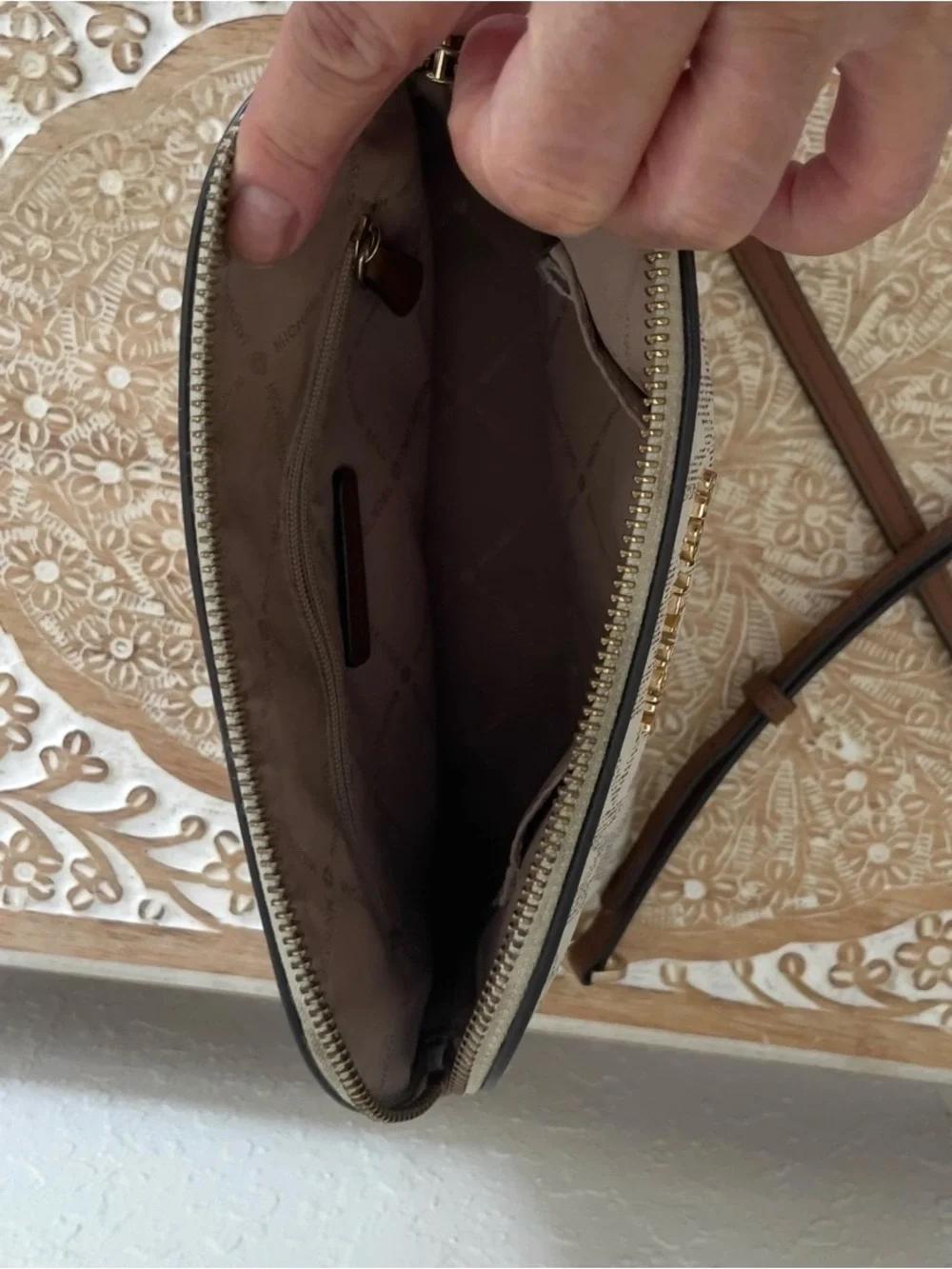Michael Kors White Logo Crossbody with Brown Trim and Gold Hardware
